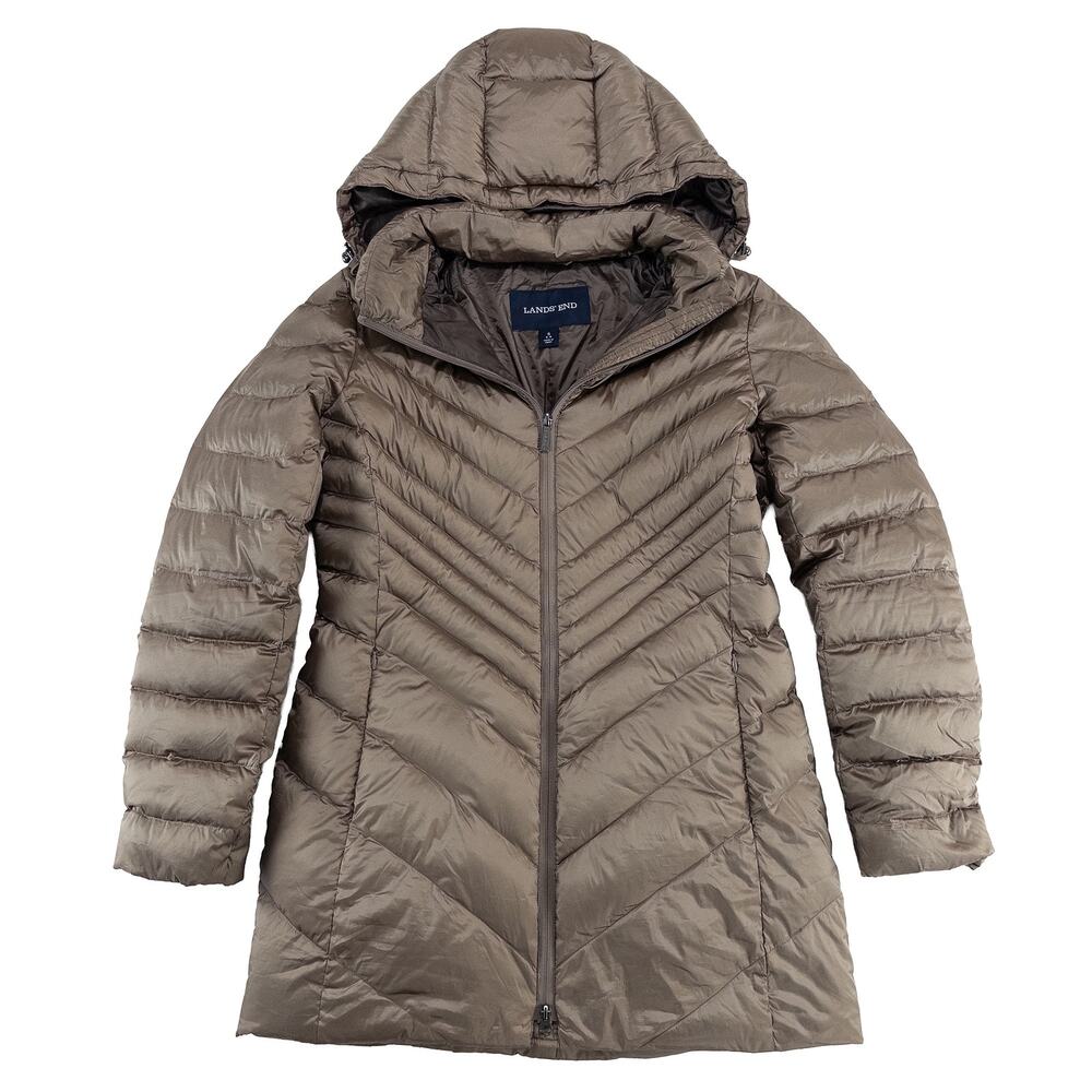 Lands End Wanderweight Down Coat Women S Brown Packable Hooded Mid Length